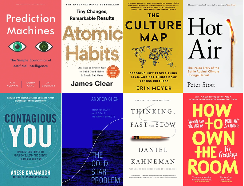 The covers of some of the recommended books, including Precision Machines, Atomic Habits, The Culture Map and Hot Air.