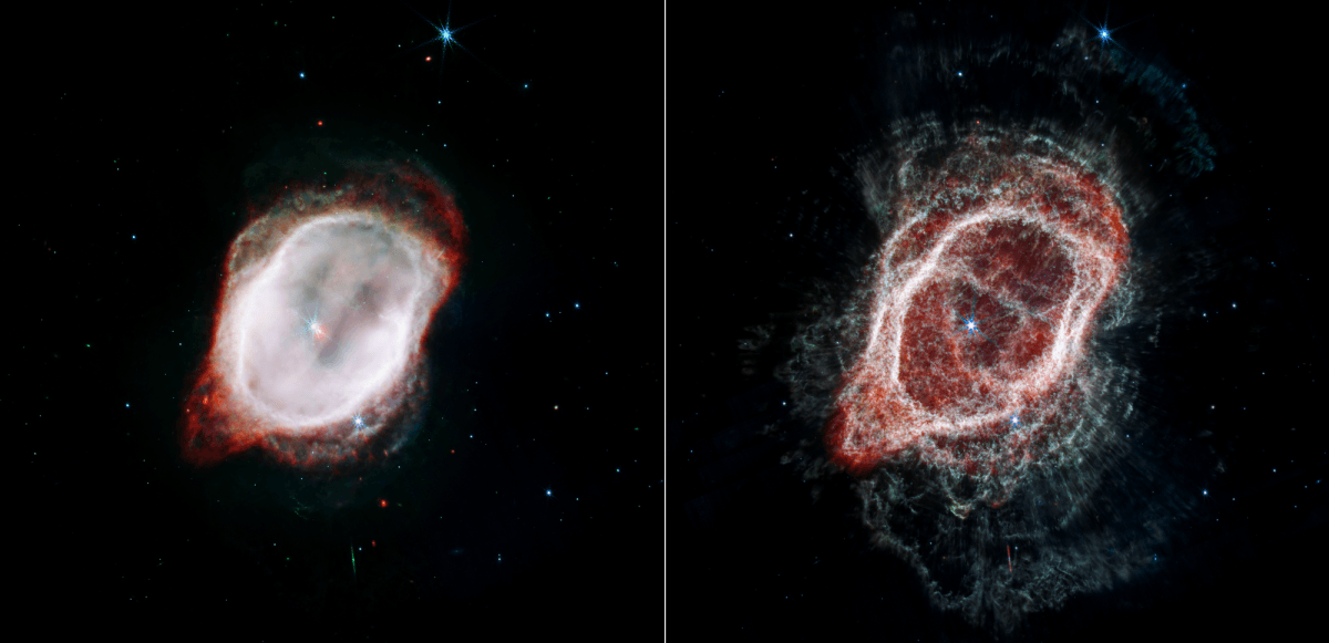 Two images of the Southern Ring Nebula, taken by the James Webb Space Telescope. The left image shows gases and two stars in the center, while the right image shows a blue star visible in the center, with different colours of gas and dust expanding out.