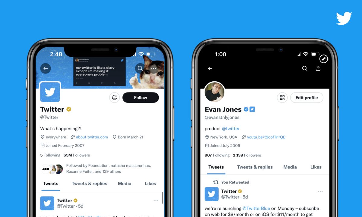 Two smart phone screens, with the left one showing Twitter's main account while the one on the right shows a Twitter employee named Evan Jones. There is a blue background behind the two phones, with the Twitter logo on the top right of the image.