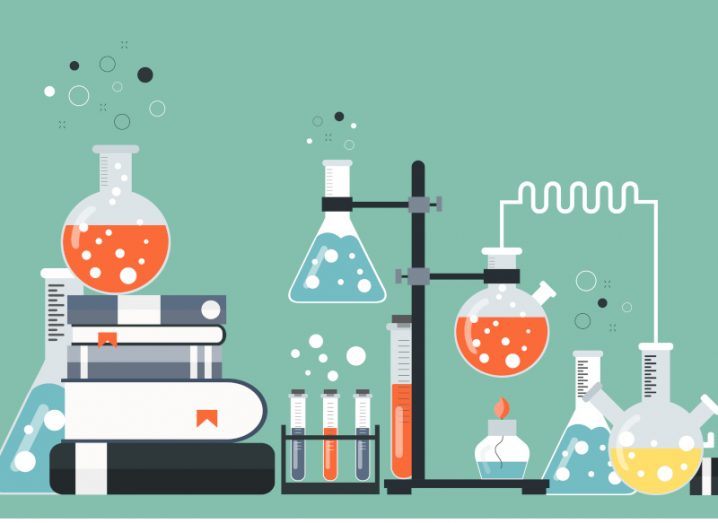 A cartoon showing tools that scientists use, such as beakers filled with liquid, a titration set and some books.