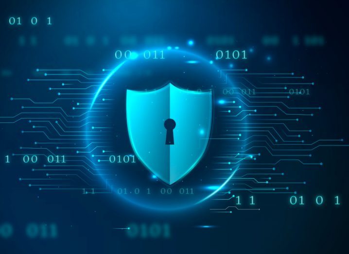 Illustration of a circle with a shield-shaped lock in the center. There are zeros and ones and thin lines visible around the circle