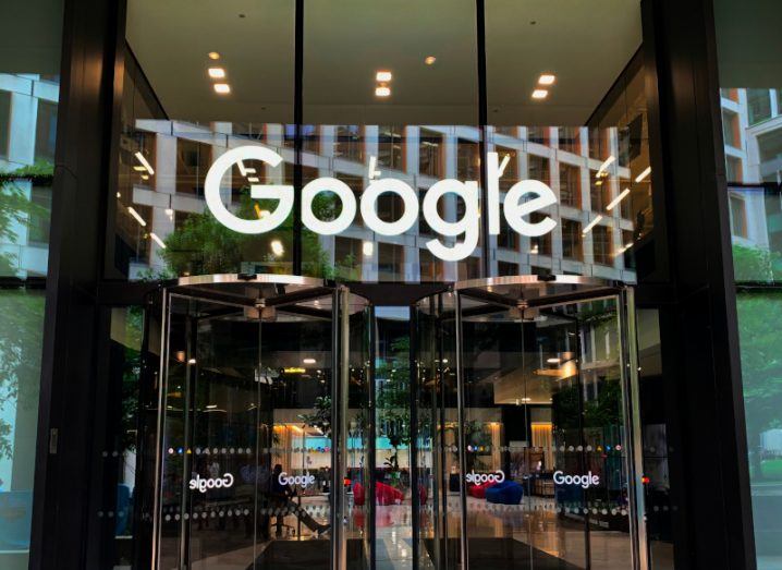 A Google store front with the Google logo font above the door.