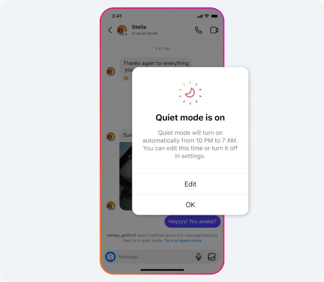 Screenshot showing quiet mode on Instagram with a notification that is telling the user the mode has been activated and will be on from 10pm to 7am.