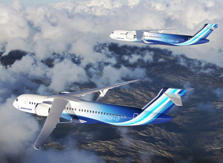 A rendering of two Boeing aircraft, flying with clouds in the distance.