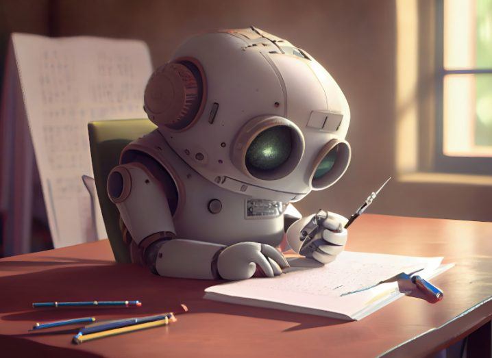 Generative AI illustration of cute little robot reading assignment on paper during exam at school.