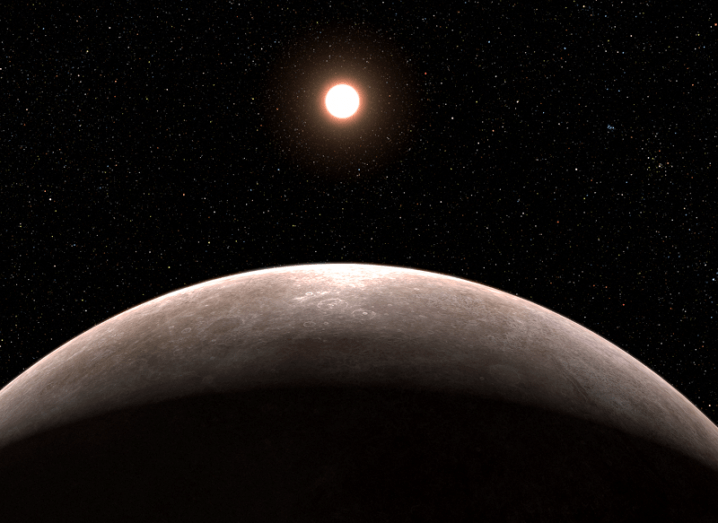 Illustration of a rocky planet, visible from the light of a red star in the distance.