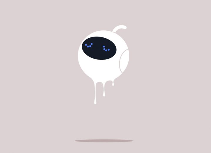 Illustration of a white floating robot in a light brown background, melting a little with a closed eye expression.