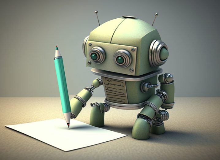 Illustration of a robot writing on a piece of paper with a green pencil.