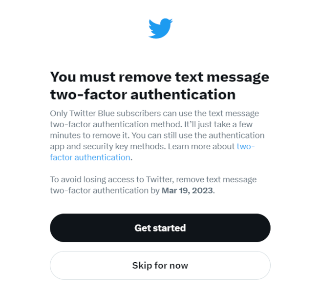 A notification on Twitter asking users to remove text message two-factor authentication.