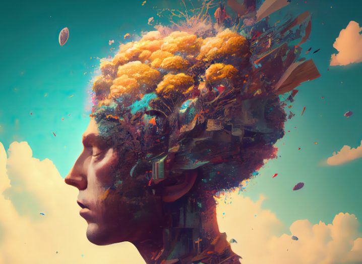 Illustration of a creative splash of colour and art coming from a human head against a blue sky.