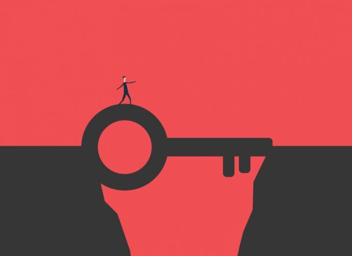 Illustration of a person walking between two cliffs by crossing a bridge in the shape of a key. Symbolises open science research.