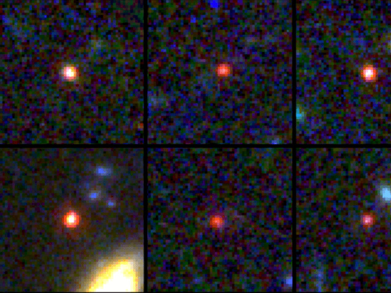 Six images with red dots of light in the centre, believed to be ancient galaxies.