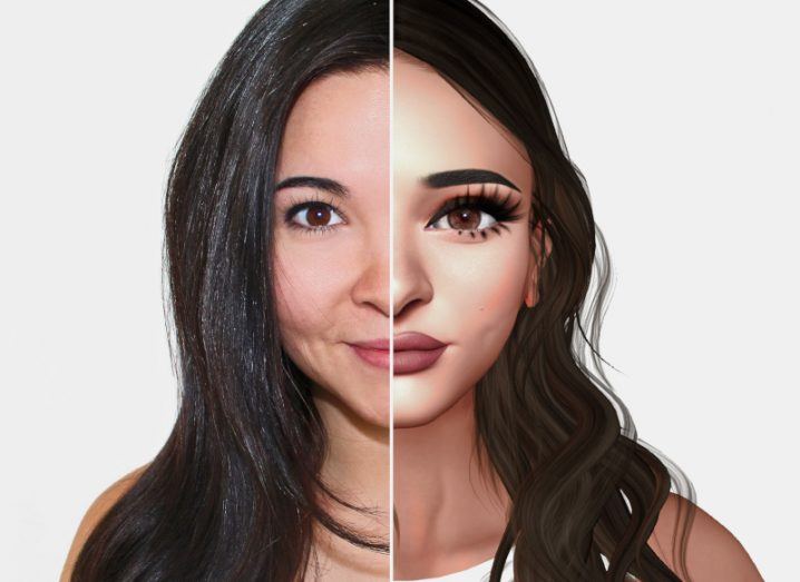 A headshot of a woman with one half being real and the other half being a virtual avatar of the same person.