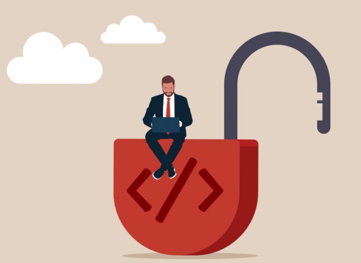 An illustration of a man sitting on a red padlock that is unlocked and has brackets and a slash on it.