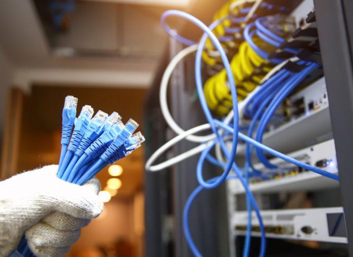 A person's hand holding multiple blue network cables in front of a large router.
