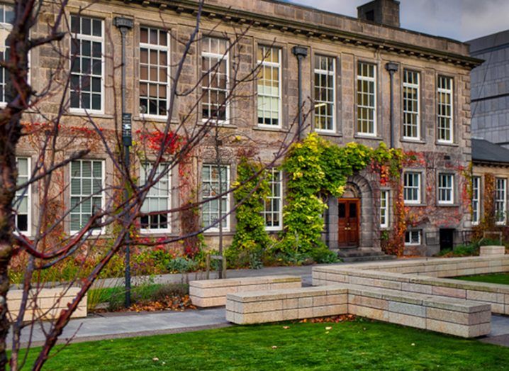 Outside of an old building with a tree in the foreground. It is the garden of the school of botany in TCD.