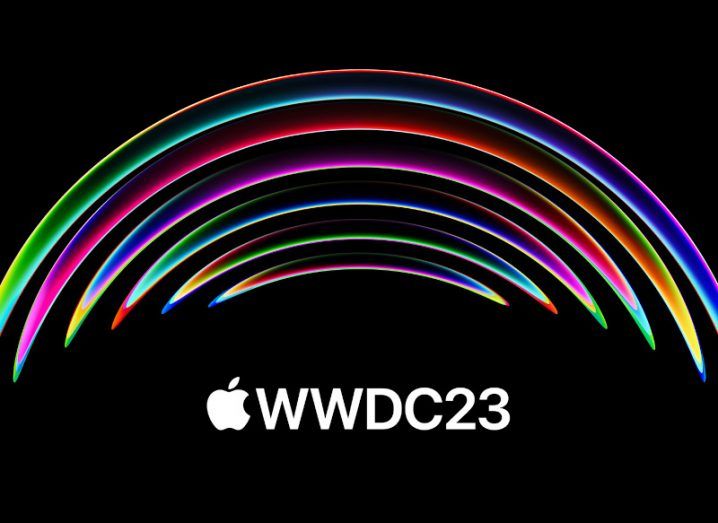 Colourful neon arches in a black background with the Apple logo below and the text WWDC23