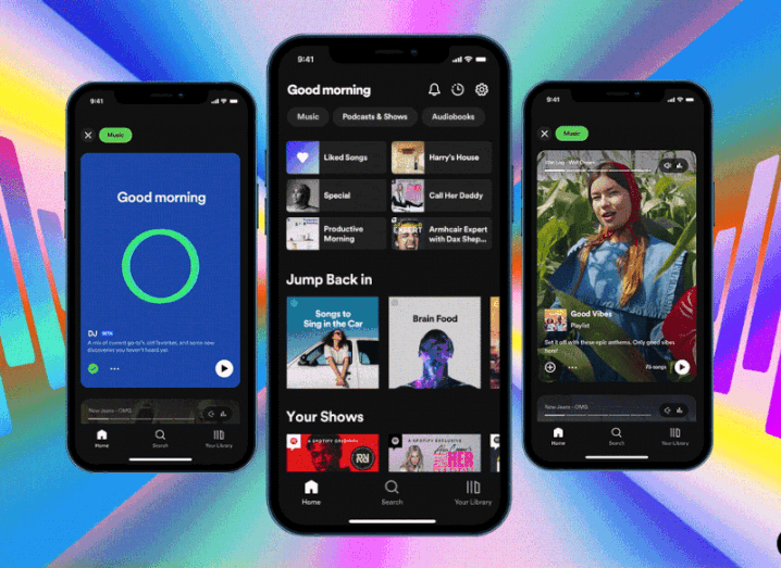 Three smartphone screens show different parts of the redesigned Spotify app, including visual previews of songs and podcasts.