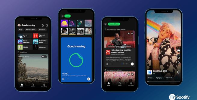 Four smartphone screens show different parts of the Spotify app, including what the home feed will look like after the redesign.