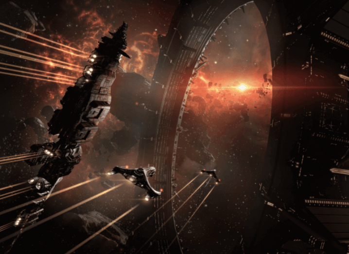 Illustration of spaceships flying toward a large station. Created by CCP Games.