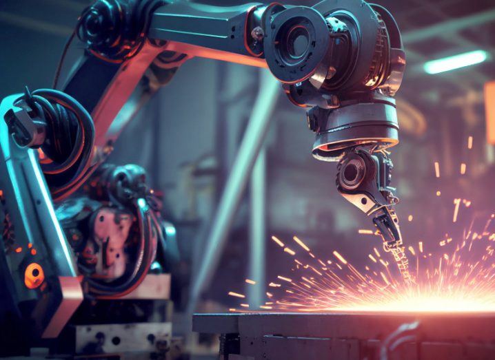 Industrial robot at work in a factory with sparks flying in the bottom right of the image.