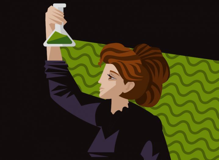 Illustration of Marie Curie holding up a test tube with a green substance. The green shines behind her for emphasis.