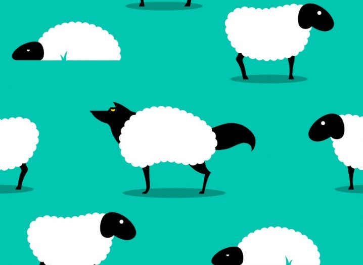 Illustration of a wolf dressed as a sheep hiding among sheep to show deception.