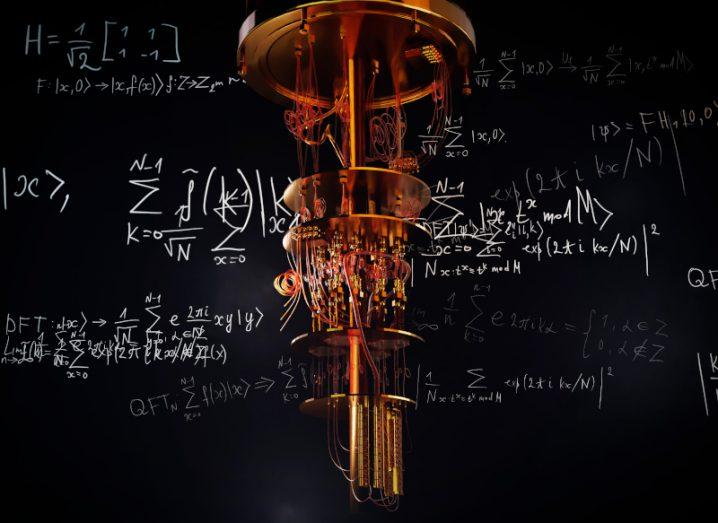 Illustration of a quantum computer in a dark background with various equations floating around it.