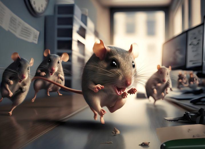 An AI-generated image of a bunch of rats running after a piece of food on a table.