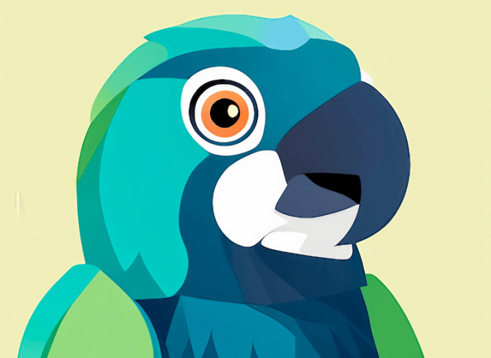 A vector graphic of a parrot with feathers in shades of green. It is wide eyed and nervous looking. It was created by AI.