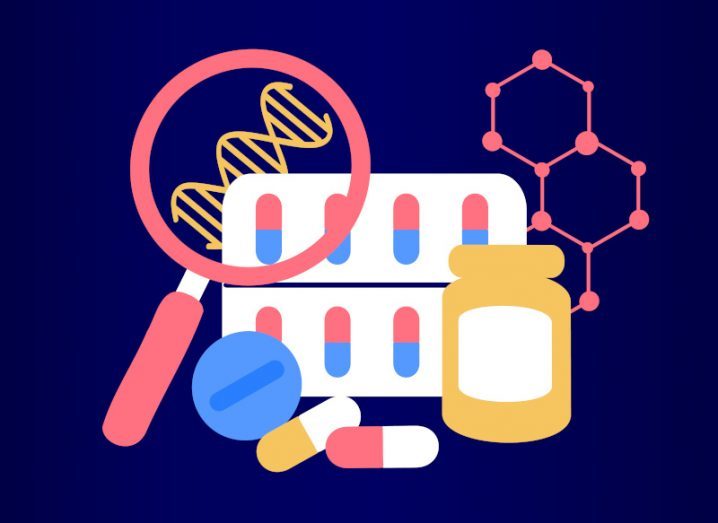 A cartoon image of different packet of pills, a magnifying glass and a double helix, symbolising the biopharma industry.