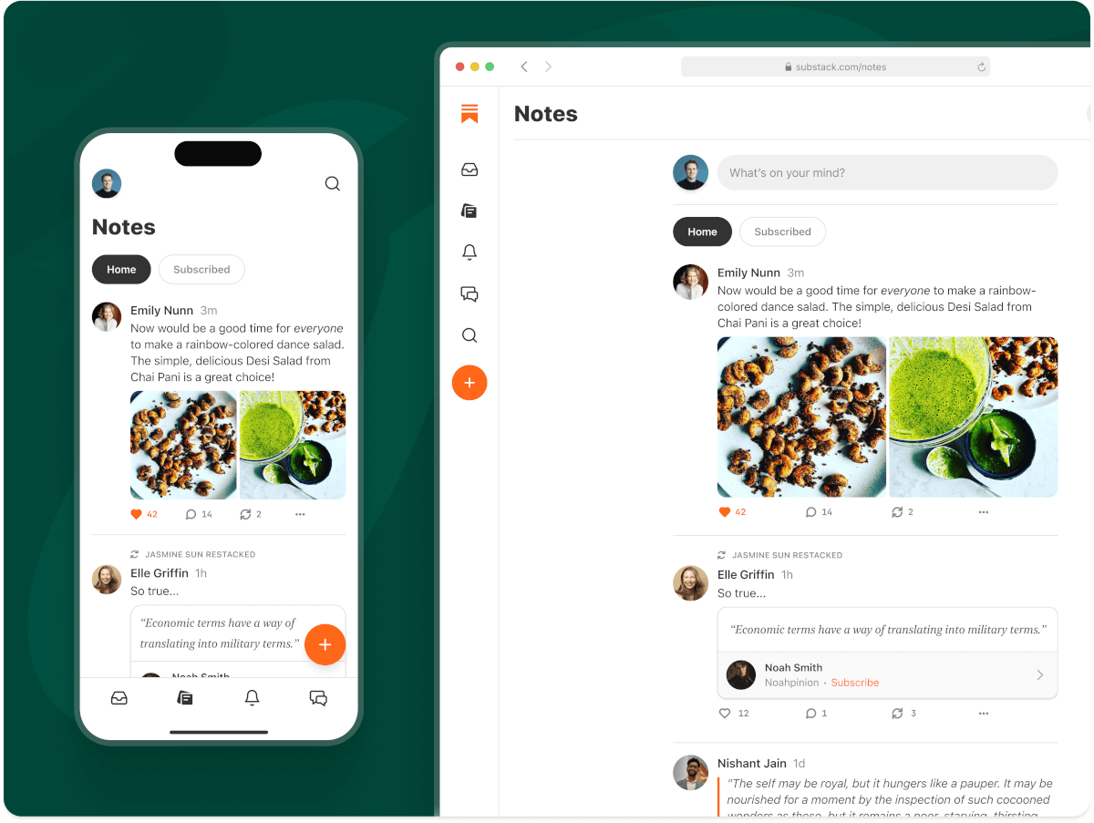 A smartphone screen next to a webpage, showing the Notes feature from Substack.
