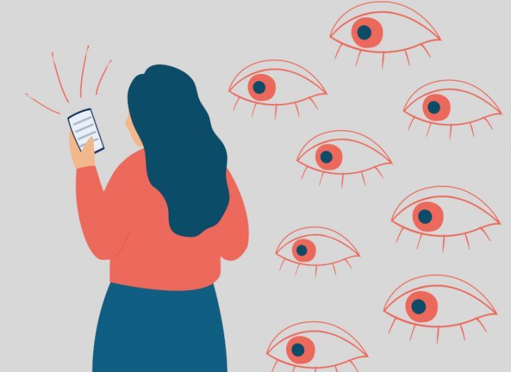A vector of a person on a phone with many eyes looking over her shoulder to symbolise user data being harvested by social media platforms.