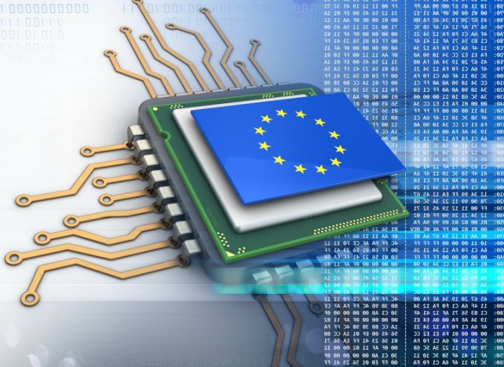 Semiconductor chip with the EU flag on it on a background with code written on it.