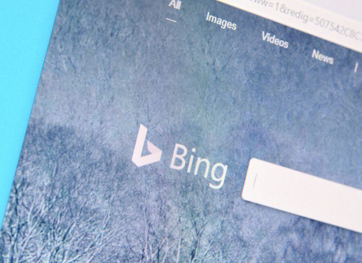 A computer screen displaying Microsoft Bing homepage and logo.