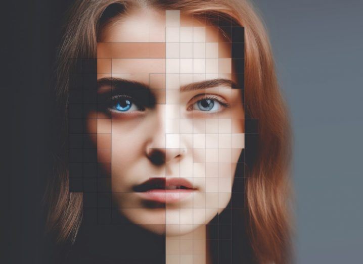 Image of a woman with squares distorting the image and a verticle line through the middle of her face. Used as a concept for AI-generated images and image detection tools.