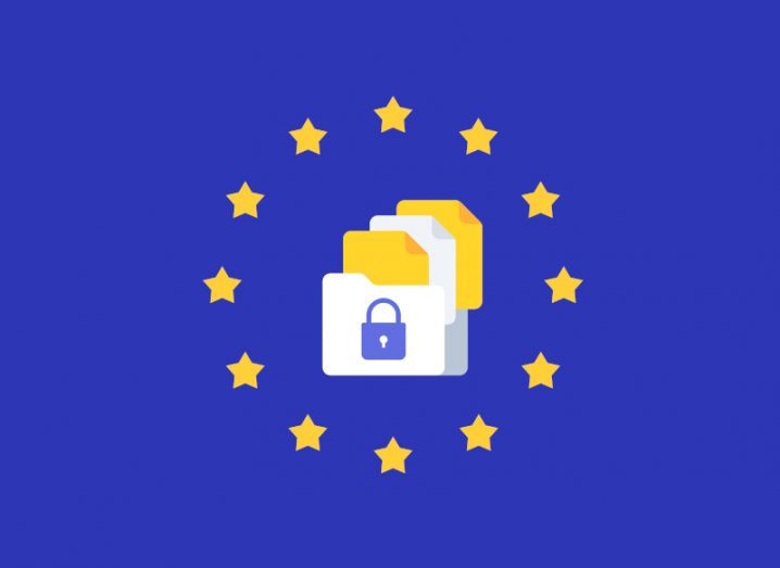 A folder with files in it surrounded by the gold stars of the EU flag on a blue background, symbolising GDPR.