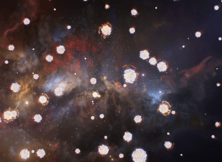 Many brightly coloured dots intersperse an image of the distant universe. Symbolises the chemical composition of the first stars and their leftovers in recently discovered gas clouds.