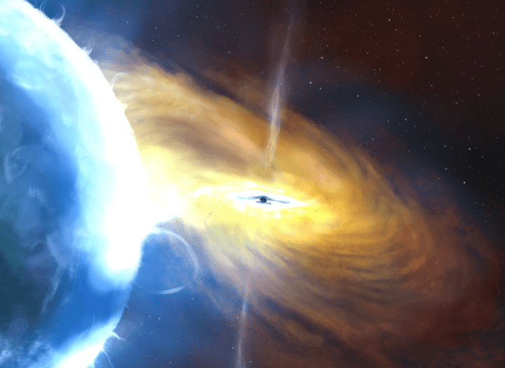 An artistic impression of a black hole with yellow light around it and a blue star next to it.
