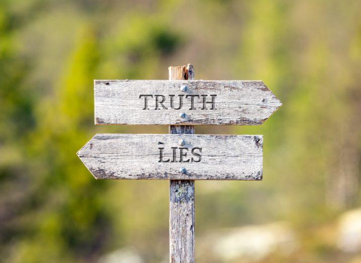 Two wooden signs with one saying ‘truth’ and one ‘lies’ pointing in opposite directions, with an outdoors green background.