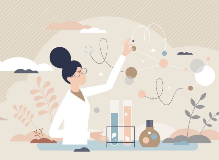 Illustration of a woman scientist grabbing a molecule from the air, with test tubes in front of her and different coloured leaves in the image, with a brown shaded background.