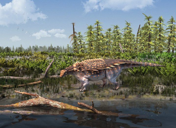 Artist's impression of the new ankylosaur species near a body of water.