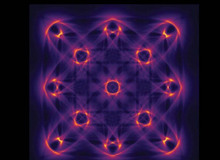 A graphic of a quantum particle in purple and pink on a black background.