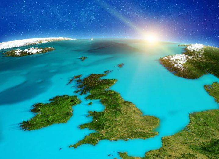 Satellite image of Ireland and Britain with the sun shining from the top right.
