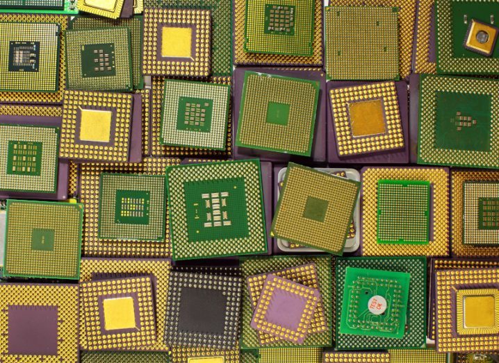 Multiple semiconductors of different sizes and colours. Used to represent a chip glut.