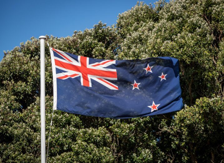 The New Zealand flag on a flag pole, with a tree and a blue sky in the background.