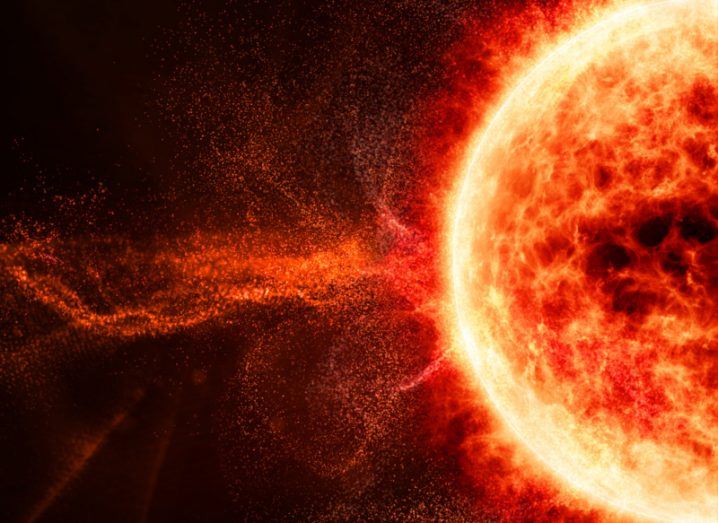 Illustration of the Sun with a solar flare moving out into space. Used as a concept for space weather events.