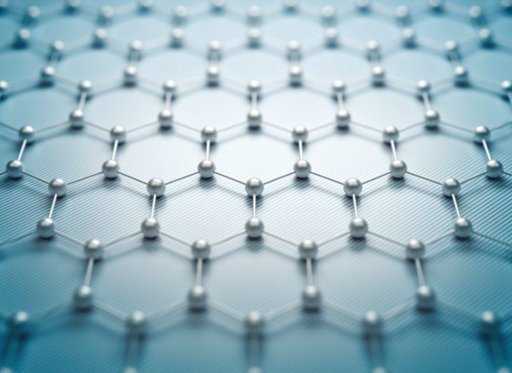 A grid of grey molecules arranged together and connected with grey lines. Used to represent graphene and 2D materials.