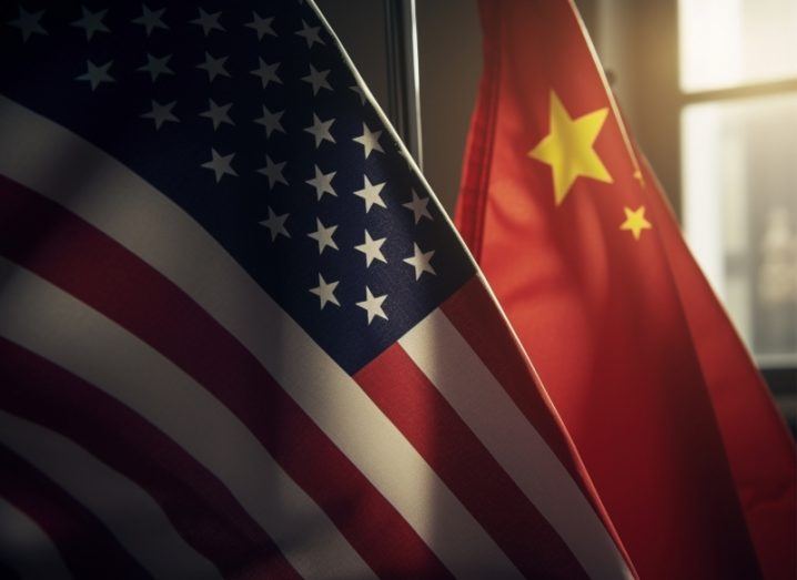 Illustration of the US flag with the Chinese flag behind it and a window in the background.