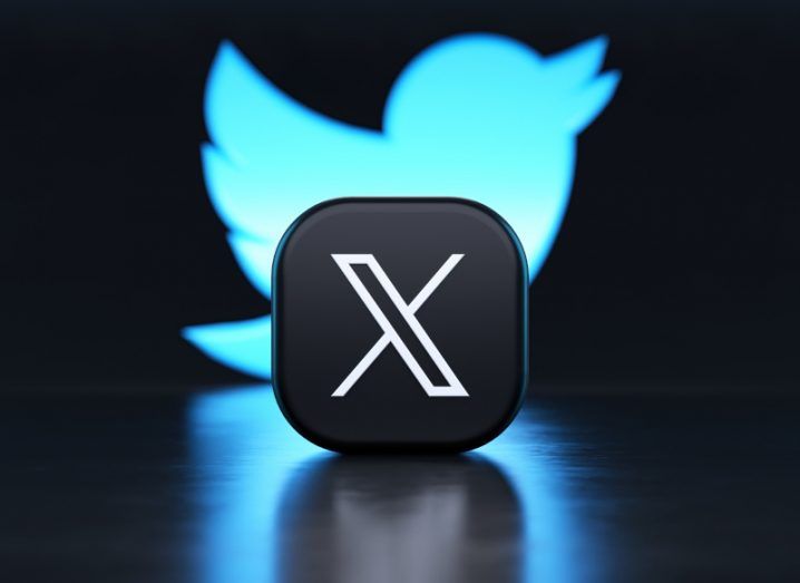 A black square with an X logo on it and the old Twitter logo behind it.